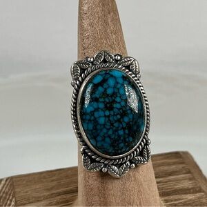 925 Solid Sterling Silver Hubei Turquoise Gemstone Ring Adjustable Size 7.5